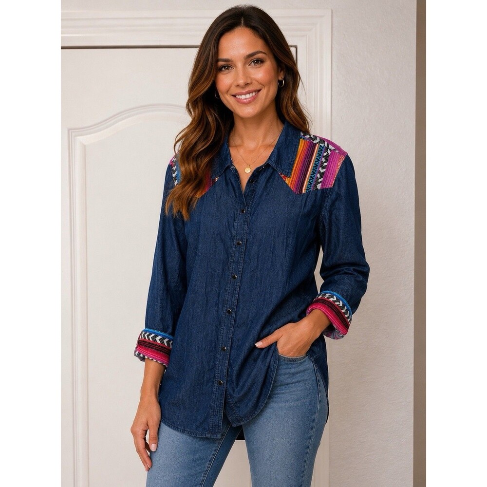 Crazy Train Santa Fe South West Western Tunic Long Denim Shirt Pearl Snap XL